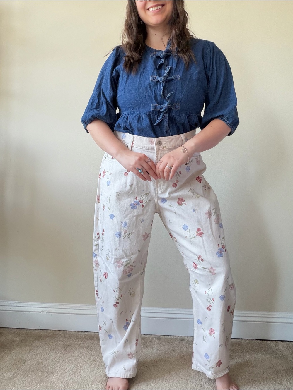 Old Navy Cream Barrel Leg Jeans with Floral Print